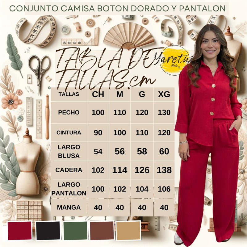 Conjunto Para Dama Pantalon Elastico Y Camisa Boton Dorado