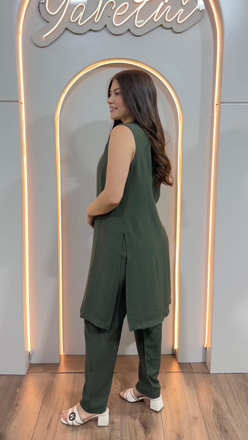 Conjunto Para Dama Casual Pantalon Y Chaleco Largo Con Boton