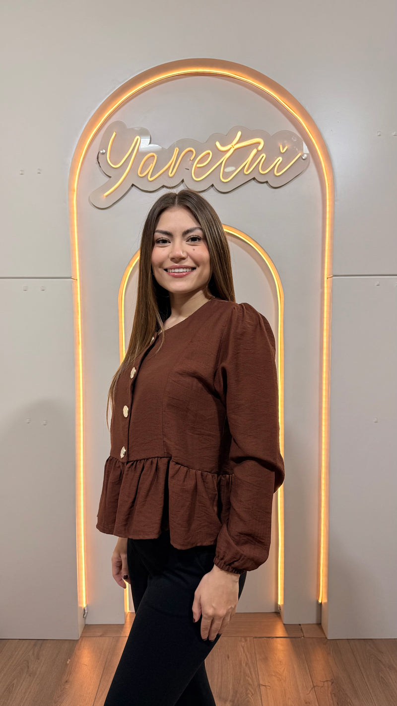 Camisa Para Dama Casual Manga Larga Con Olan Boton Dorado