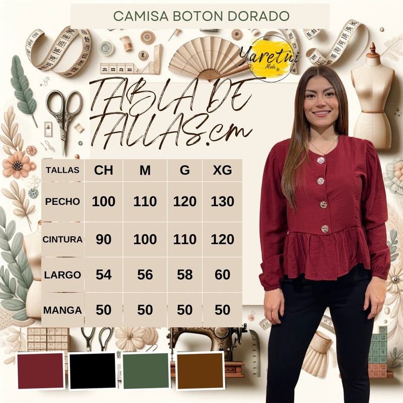 Camisa Para Dama Casual Manga Larga Con Olan Boton Dorado
