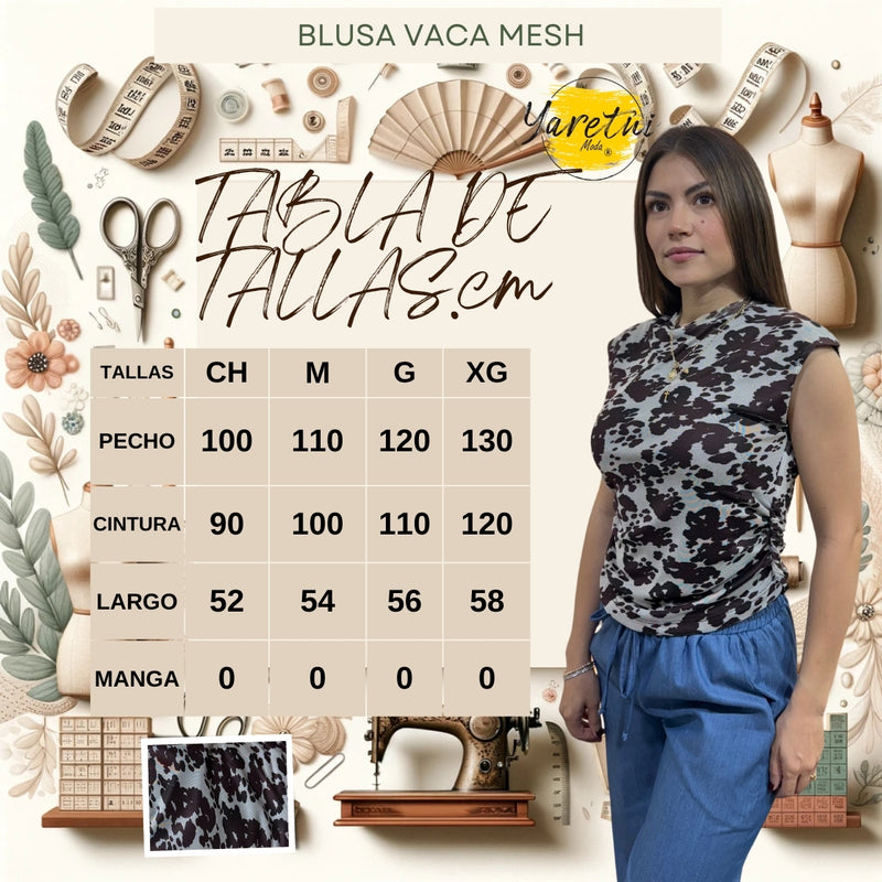 Blusa Basics Casual Para Dama Mesh Vaca Sin Manga