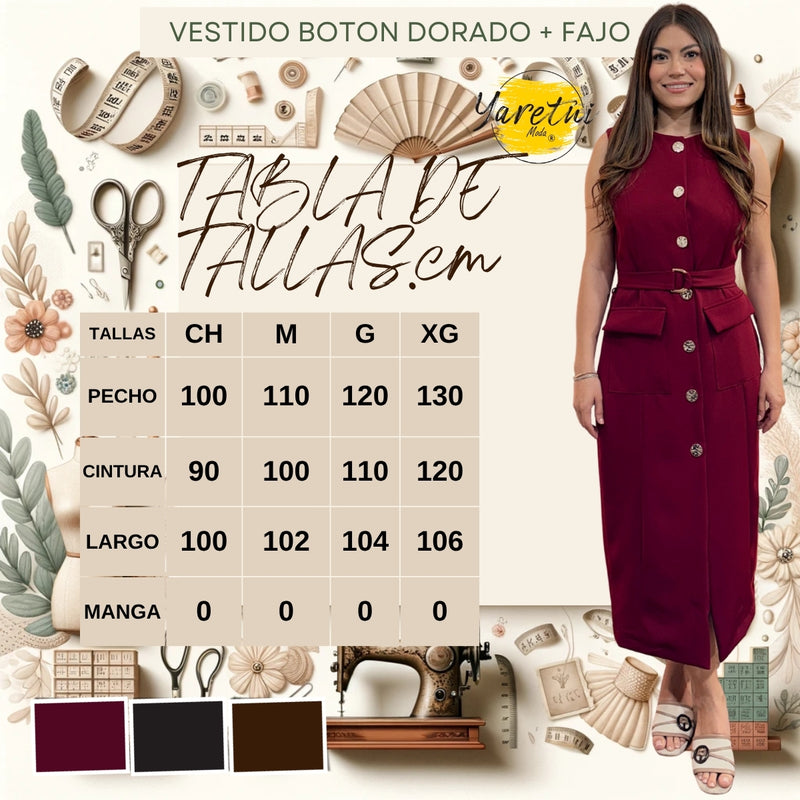 Vestido Para Dama Boton Dorado Formal Elegante Bolsas + Fajo