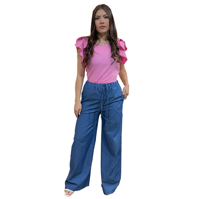 Pantalon Para Dama Con Elastico Con Bolsas Casual Mezclilla