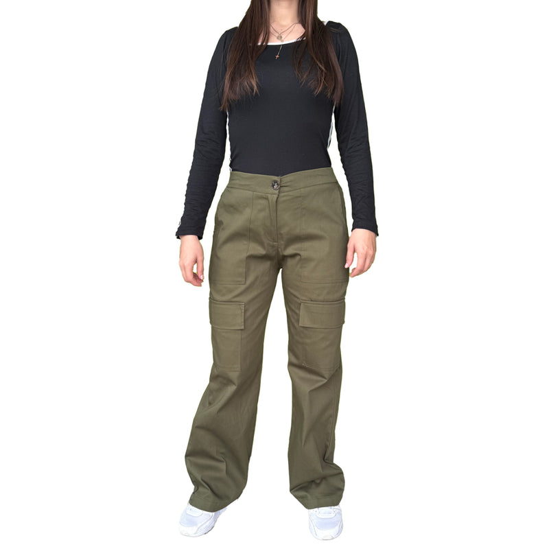 Pantalon Para Dama Casual Tipo Cargo Ancho Con Cremallera